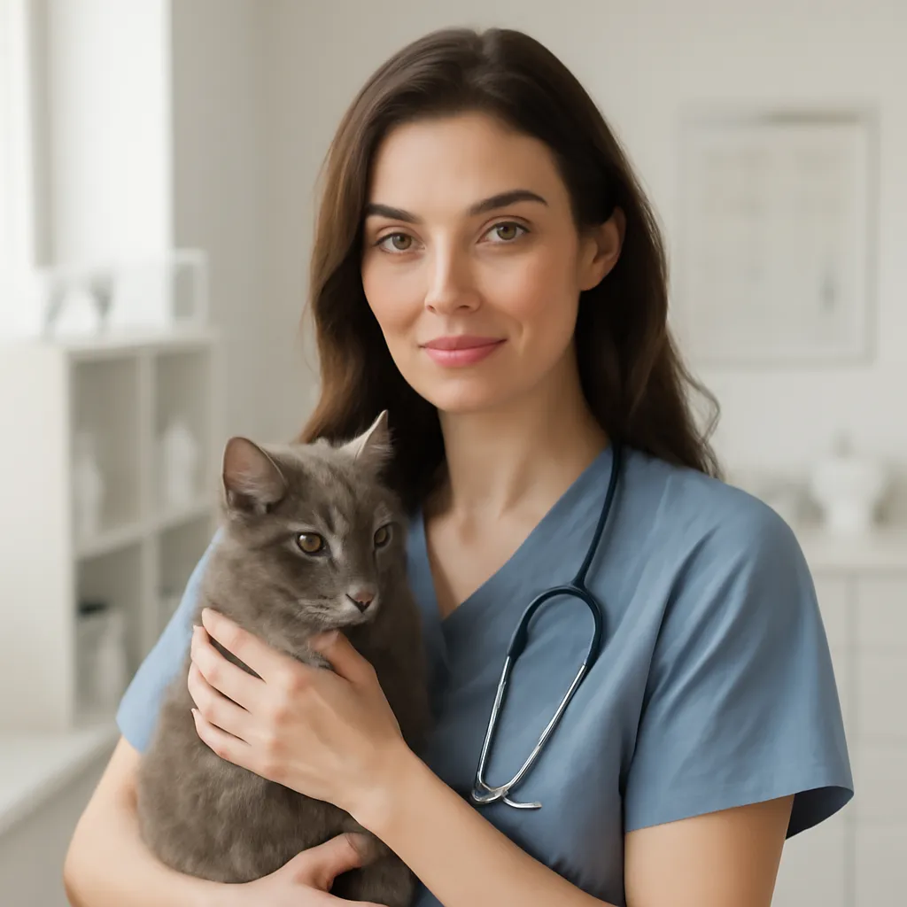 Portrait d'une vétérinaire comportementaliste tenant un chat gris dans un cabinet vétérinaire lumineux