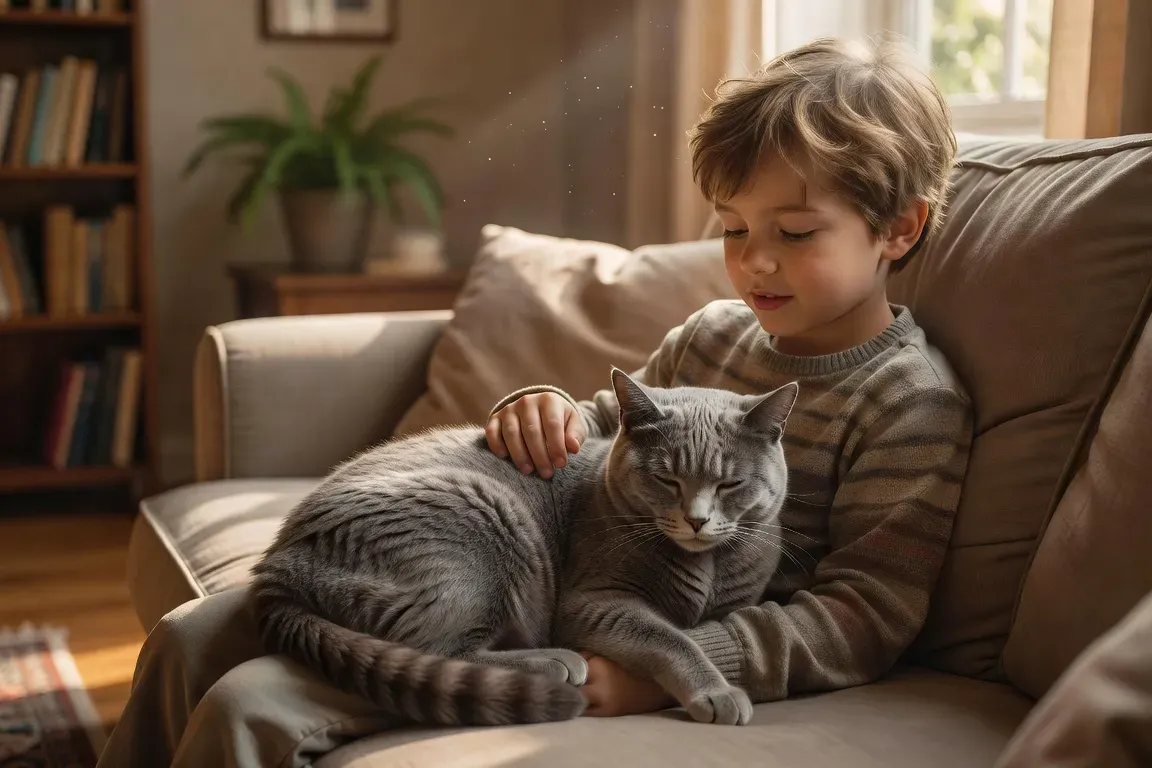 Enfant caressant un chat sur ses genoux, moment de complicité sereine