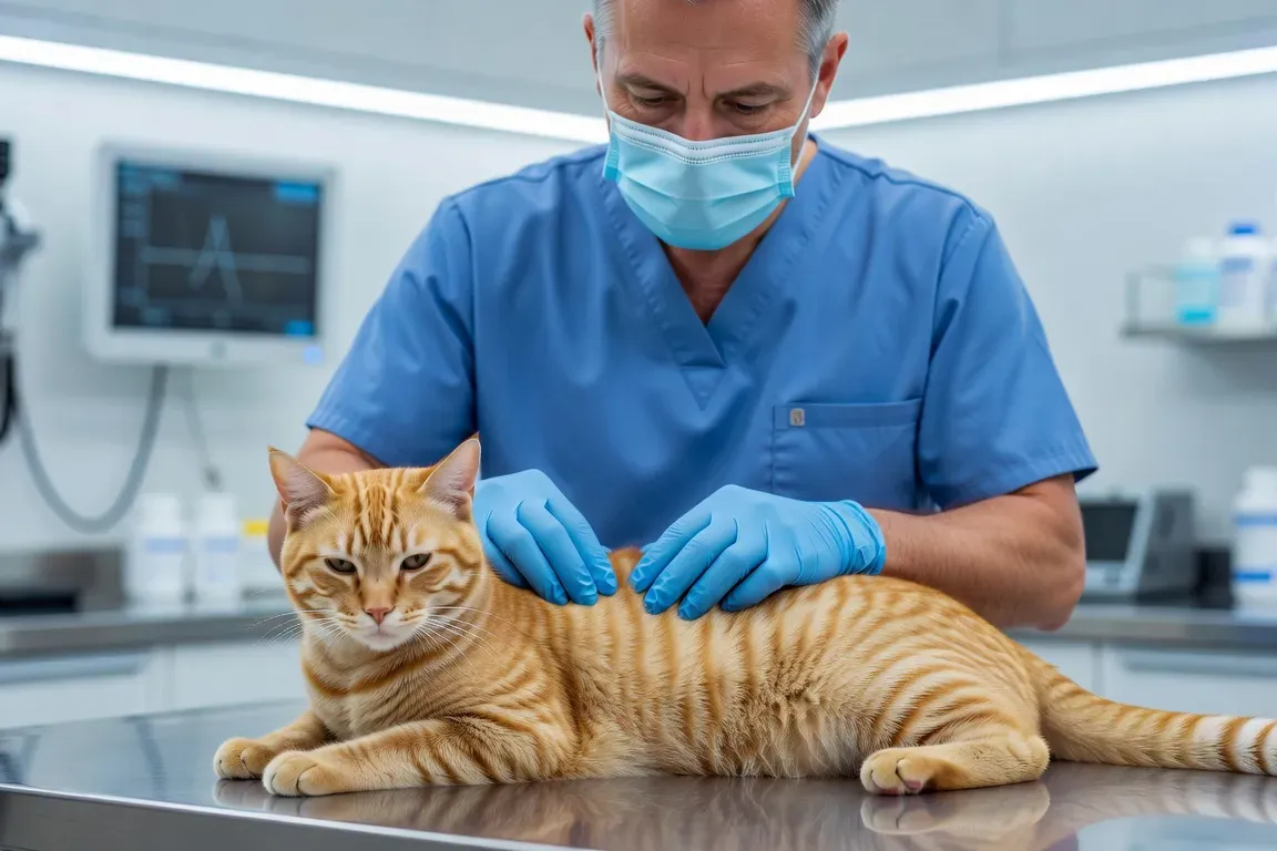 Vétérinaire examinant un chat allongé sur une table d'examen, lumière clinique