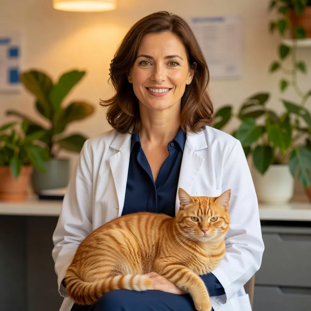 Une personne âgée souriante caressant un chat roux sur ses genoux dans une chambre lumineuse d'EHPAD