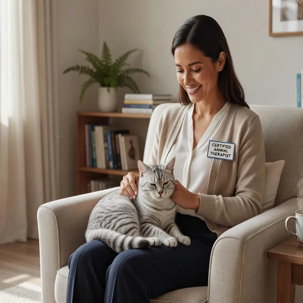 Portrait d'Isabelle Fontaine, zoothérapeute certifiée, tenant un chat gris sur les genoux lors d'une session thérapeutique
