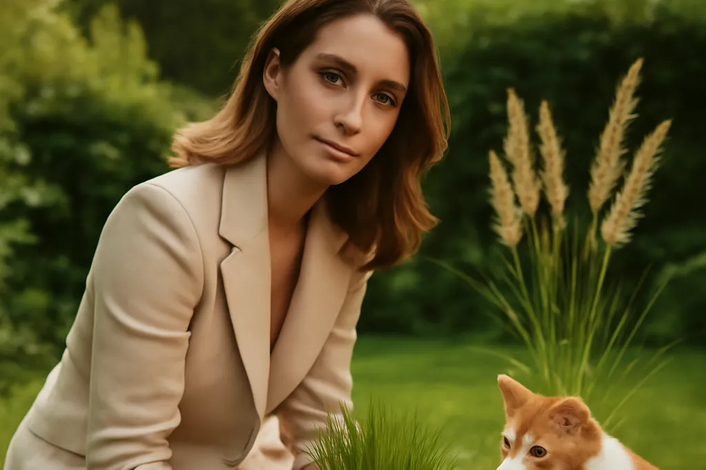 Une femme plante de l'herbe à chat et des graminées dans un jardin verdoyant pendant qu'un chat blanc et roux observe