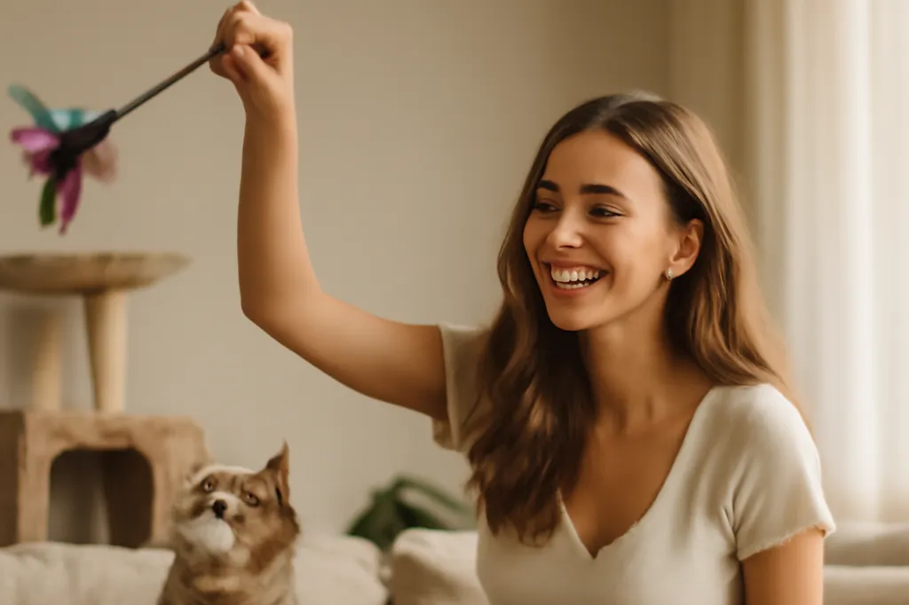Une jeune femme jouant avec son chat à l'aide d'une baguette à plumes, dans un salon lumineux aménagé avec un arbre à chat