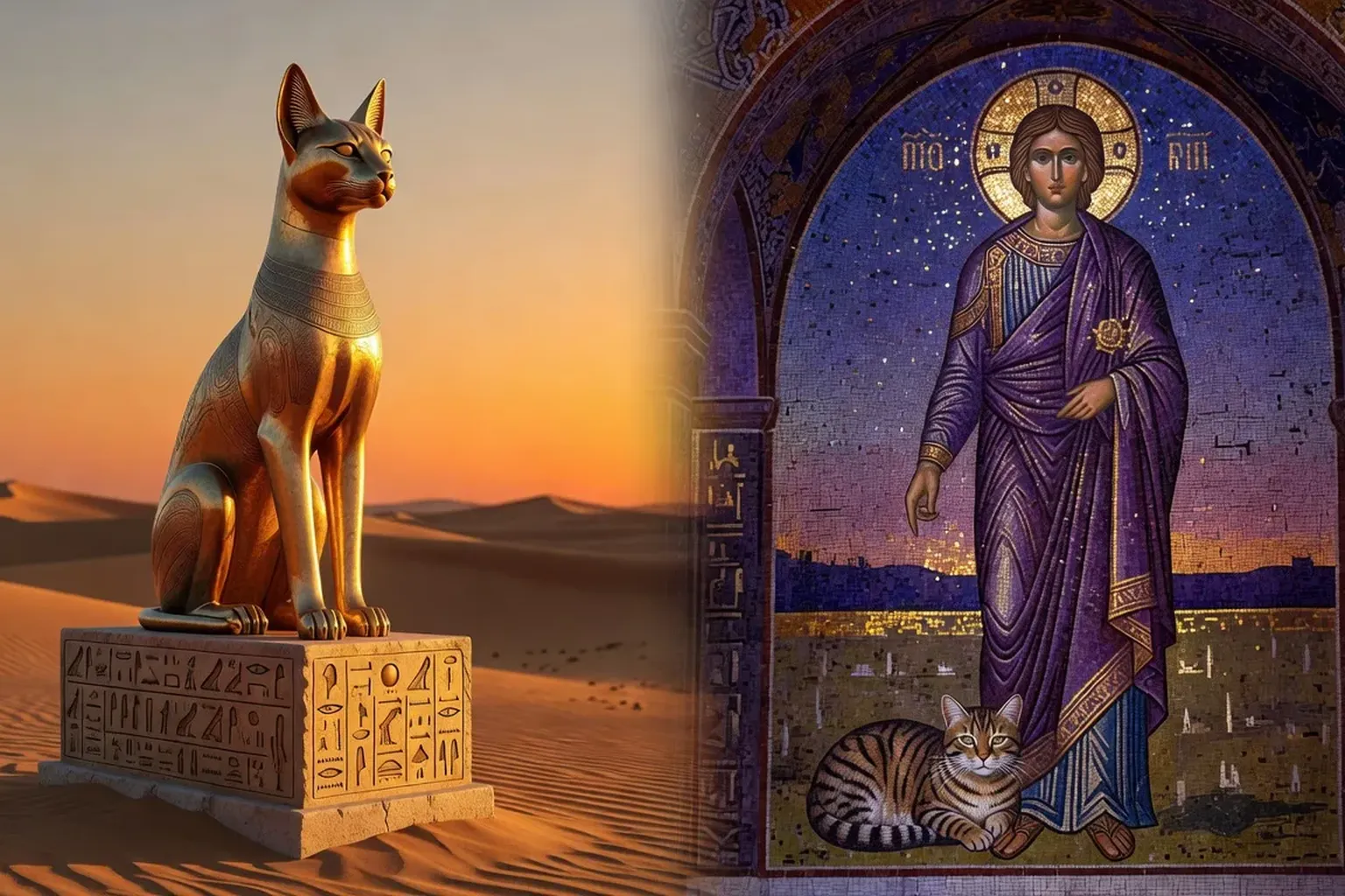 Composition symbolique avec une statue de chat égyptien dorée à gauche et une icône byzantine d'un saint avec un chat à droite, fond crépusculaire orangé