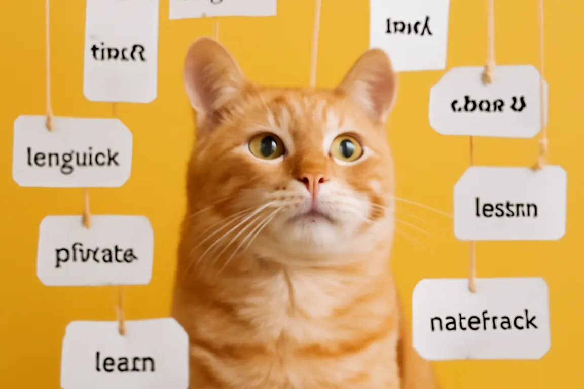 Chat entouré de petites étiquettes de vocabulaire suspendues, mise en scène conceptuelle et lumineuse