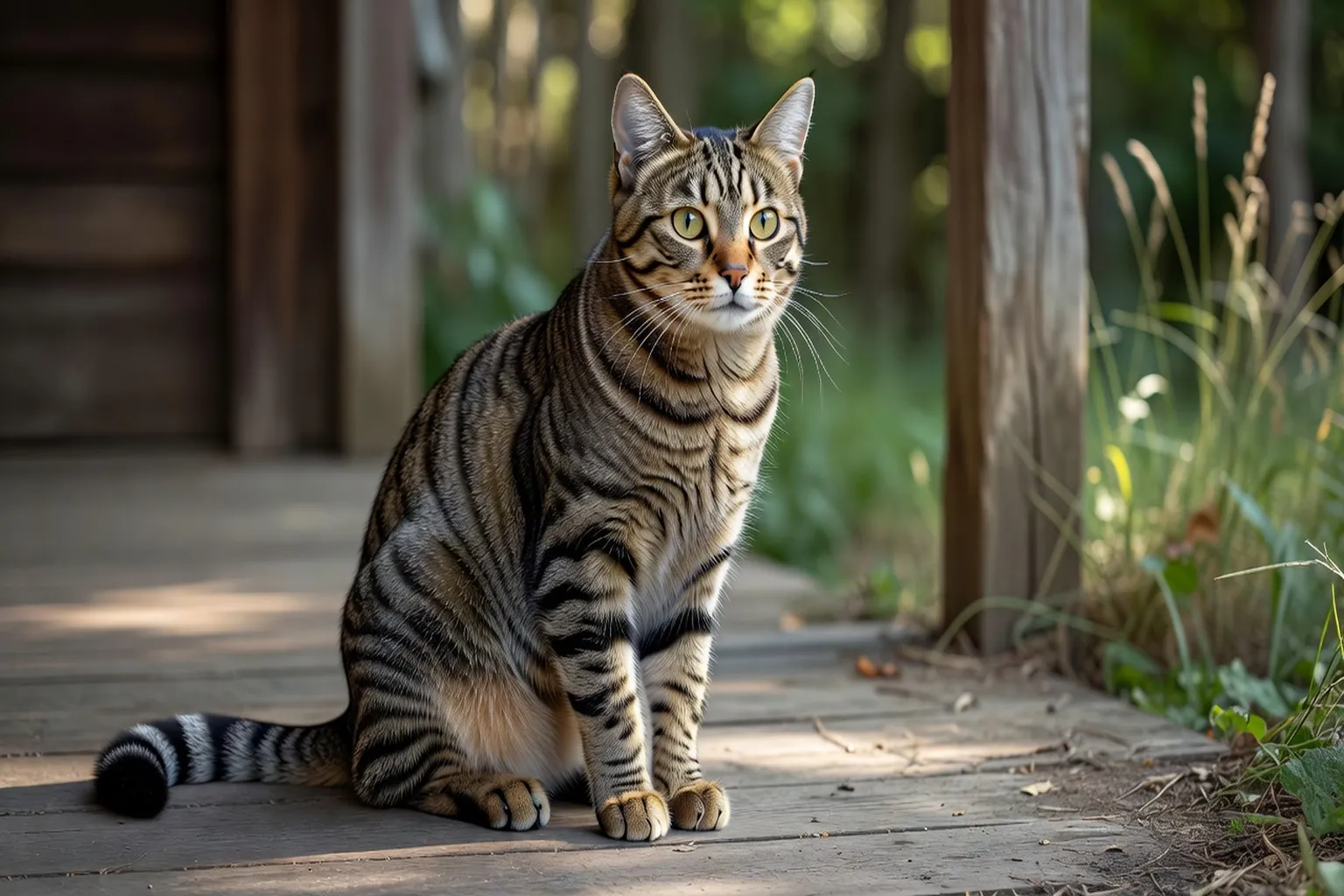 Un chat tigré observant attentivement son environnement, position d'affût caractéristique — illustration du répertoire comportemental félin