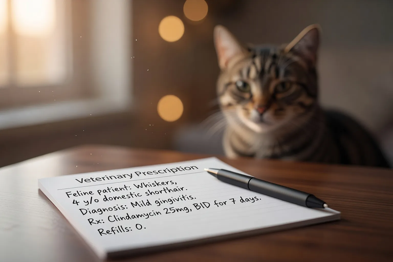 Ordonnance vétérinaire posée sur un bureau avec un stylo, chat tigré en arrière-plan flou
