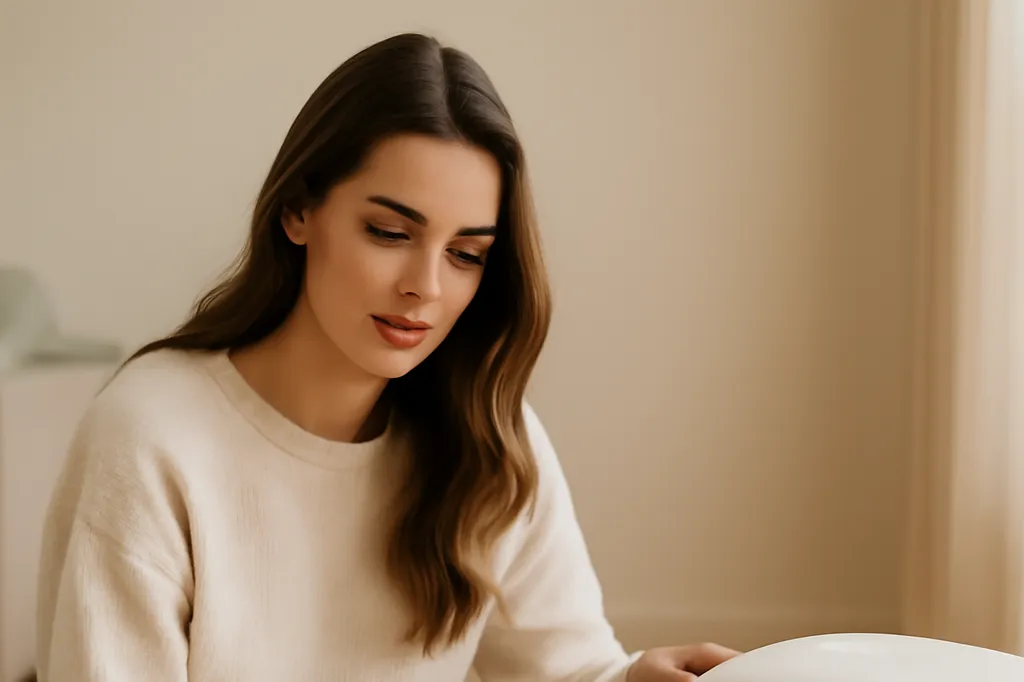 Une jeune femme penchée avec attention près d'un bac à litière clair, dans un intérieur chaleureux et lumineux