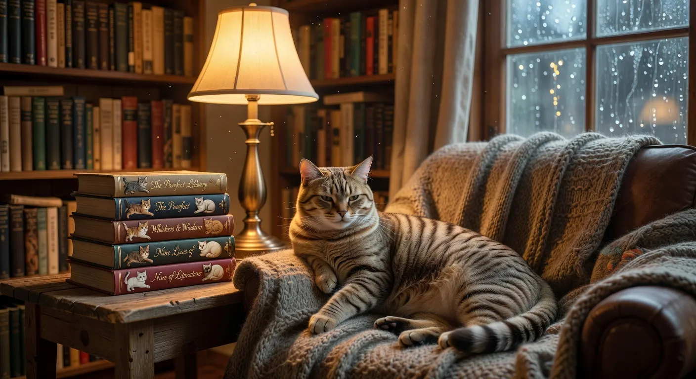 Un chat roux allongé sur une pile de livres dans une bibliothèque chaleureuse et lumineuse