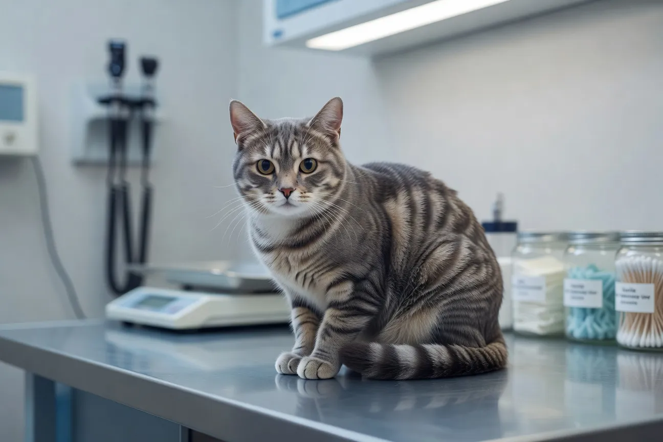Un chat allongé sur le côté avec les pattes arrière immobiles regardant son propriétaire avec inquiétude