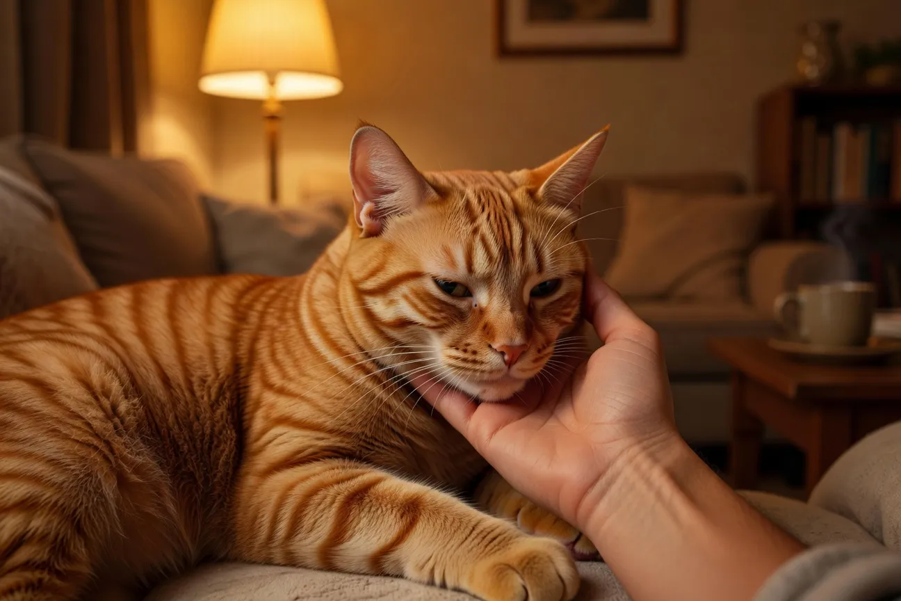 Un chat tigré affectueux qui frotte sa tête contre la joue de son propriétaire dans un salon chaleureux