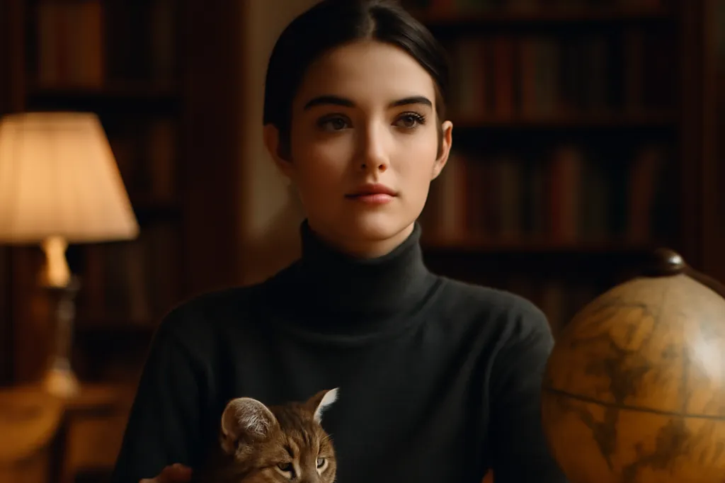 Une jeune femme brune caresse un chat tacheté au pelage doré assis sur une table de bibliothèque, près d'un globe terrestre ancien