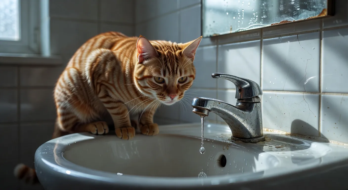 Un chat tigré observant avec méfiance un filet d'eau coulant d'un robinet