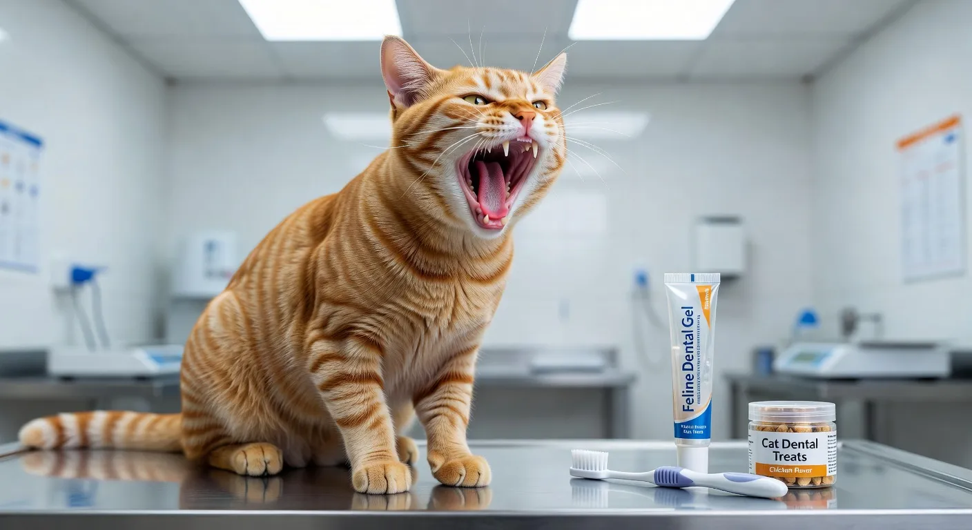 Un chat tigré bâillant largement montrant ses dents sur un fond lumineux