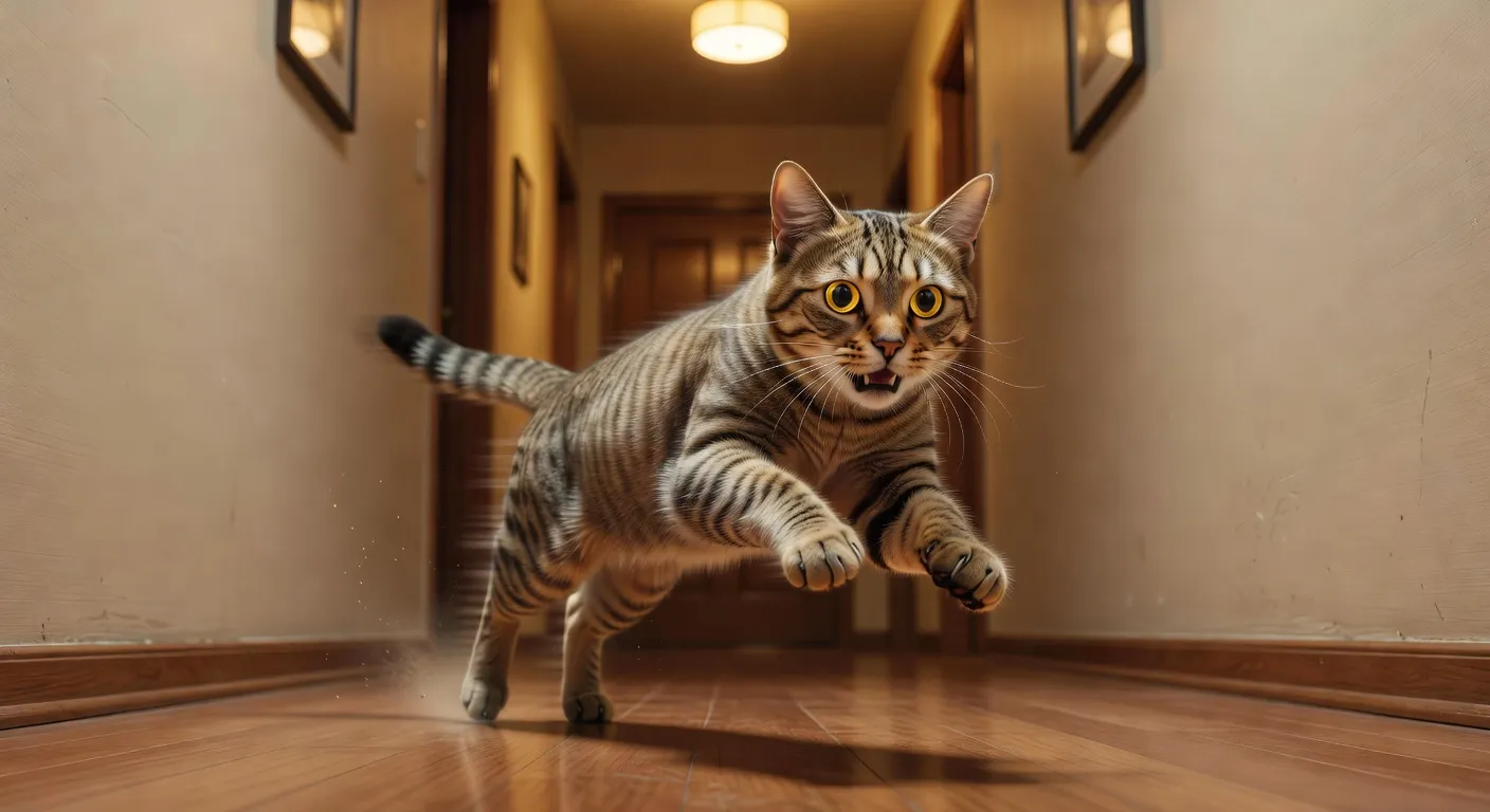 Un chat tigré courant à toute vitesse dans un couloir d'appartement