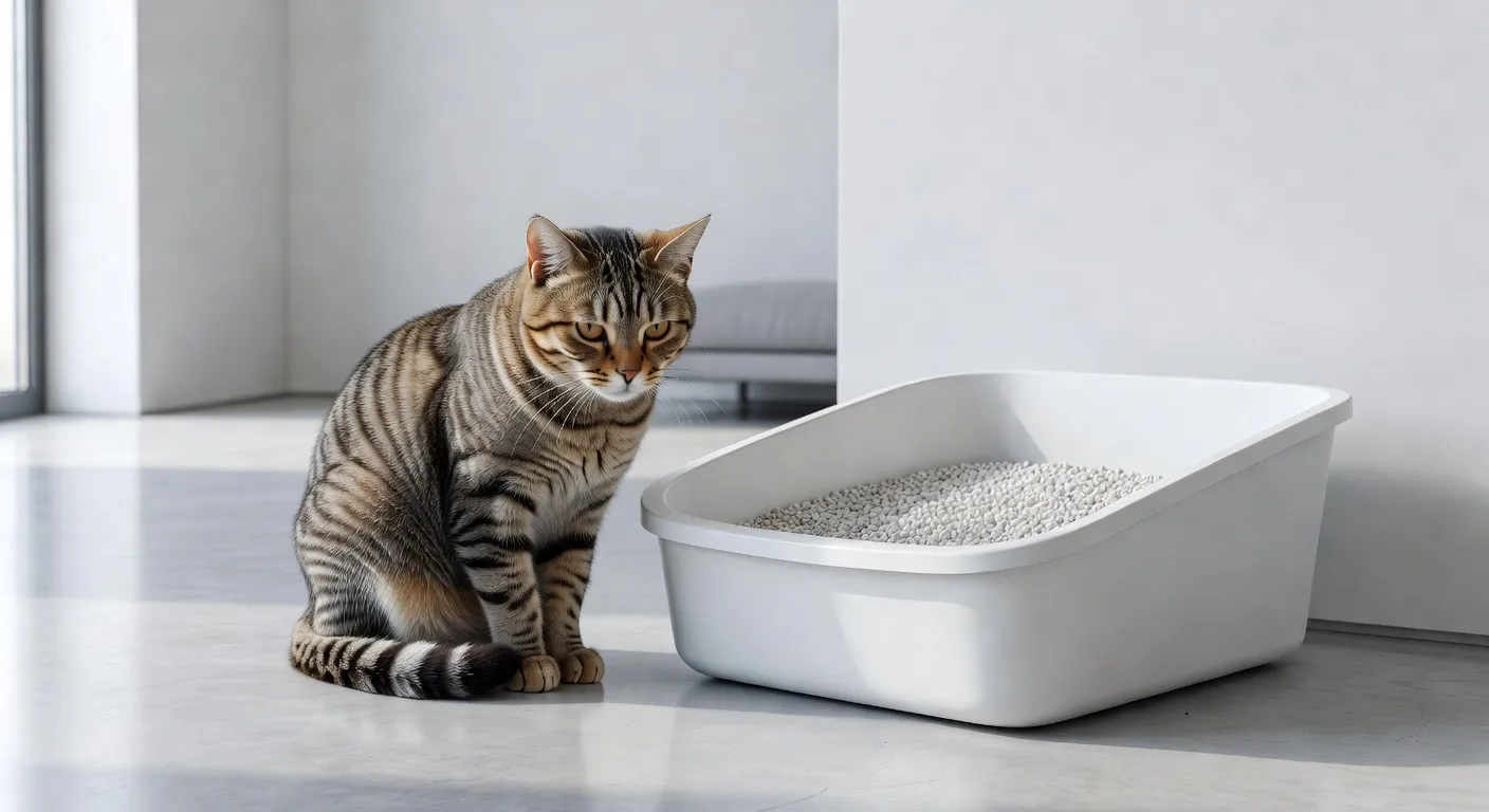 Un chat assis à côté d'un bac à litière propre dans un intérieur soigné