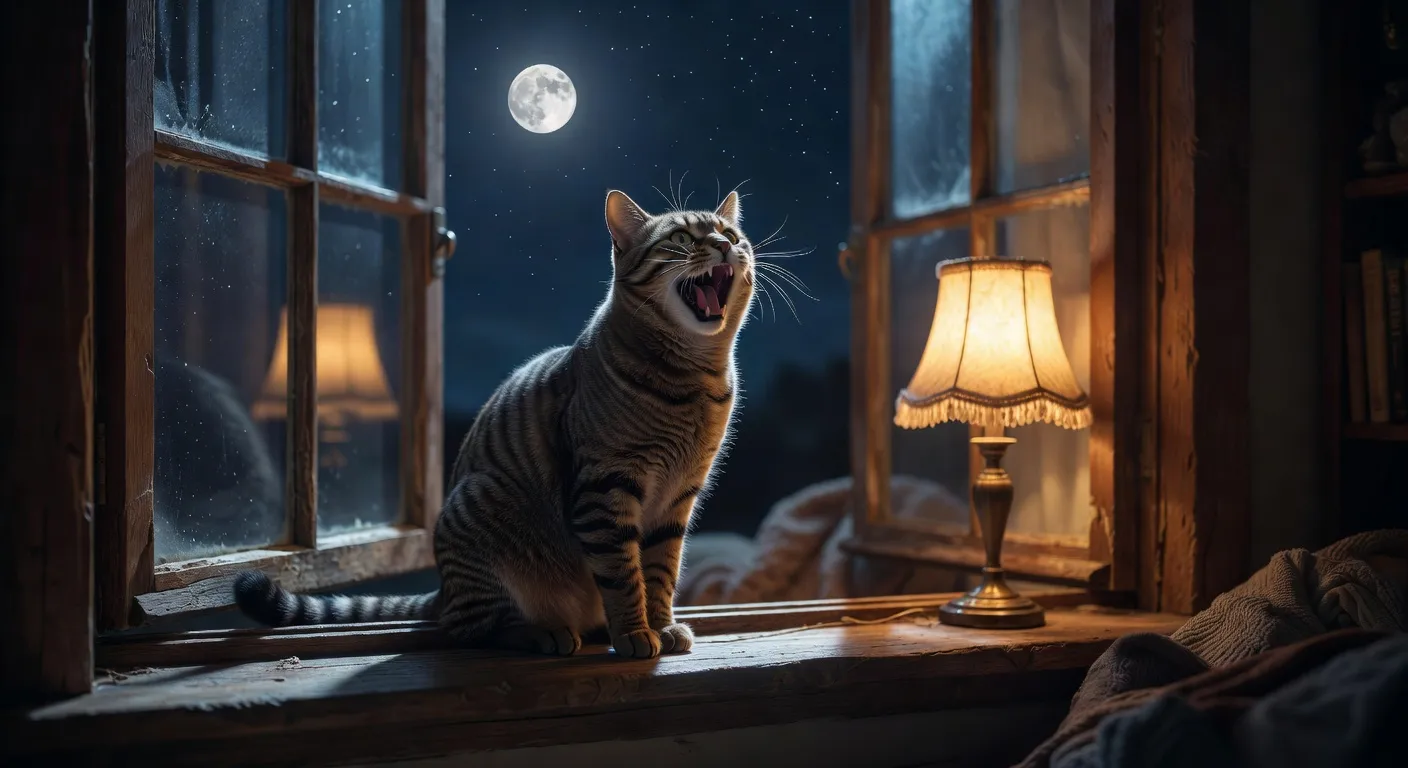 Un chat assis sur un rebord de fenêtre la nuit avec la lune en arrière-plan