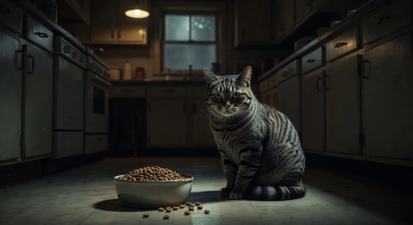 Un chat devant sa gamelle pleine regardant ailleurs avec un air triste