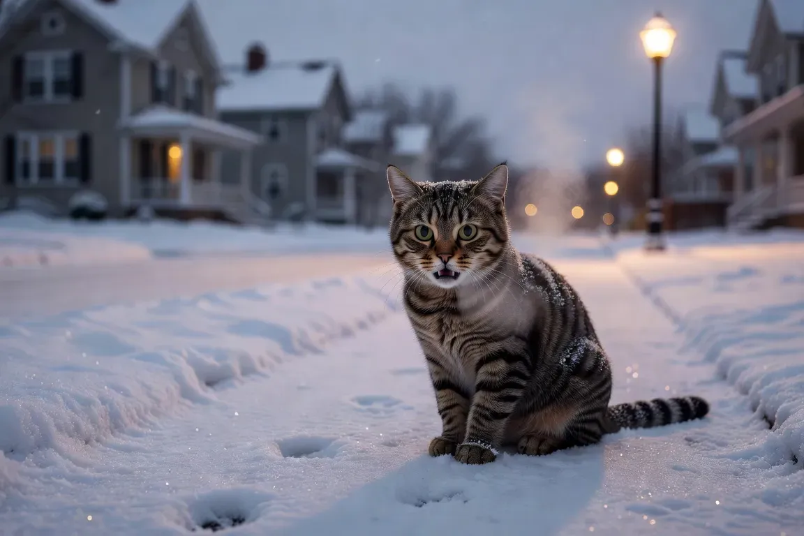Chat de gouttière explorant un quartier résidentiel en hiver