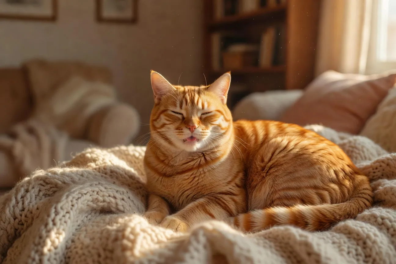 Un chat roux ronronnant les yeux mi-clos sur un plaid douillet dans un salon chaleureux