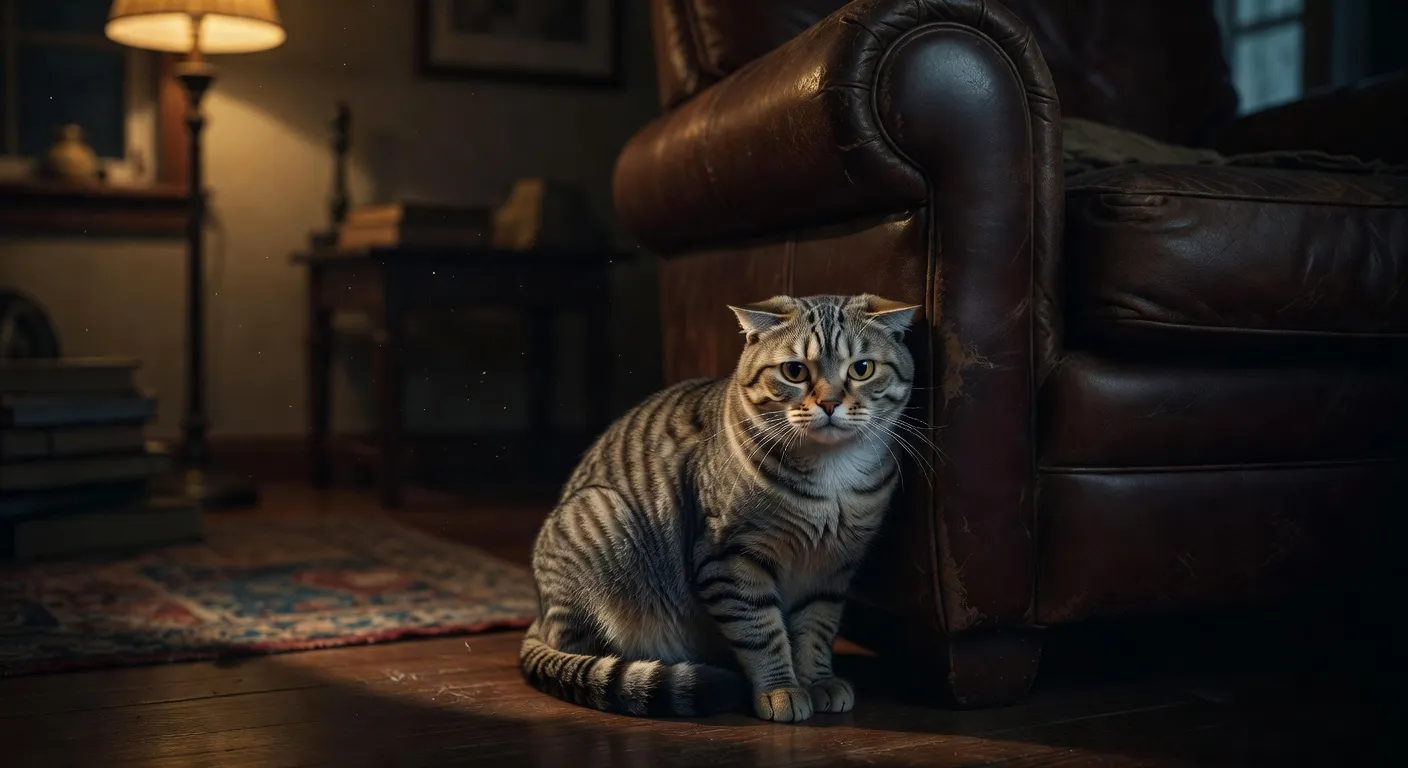Un chat gris recroquevillé sous une couverture avec une expression inquiète dans un salon