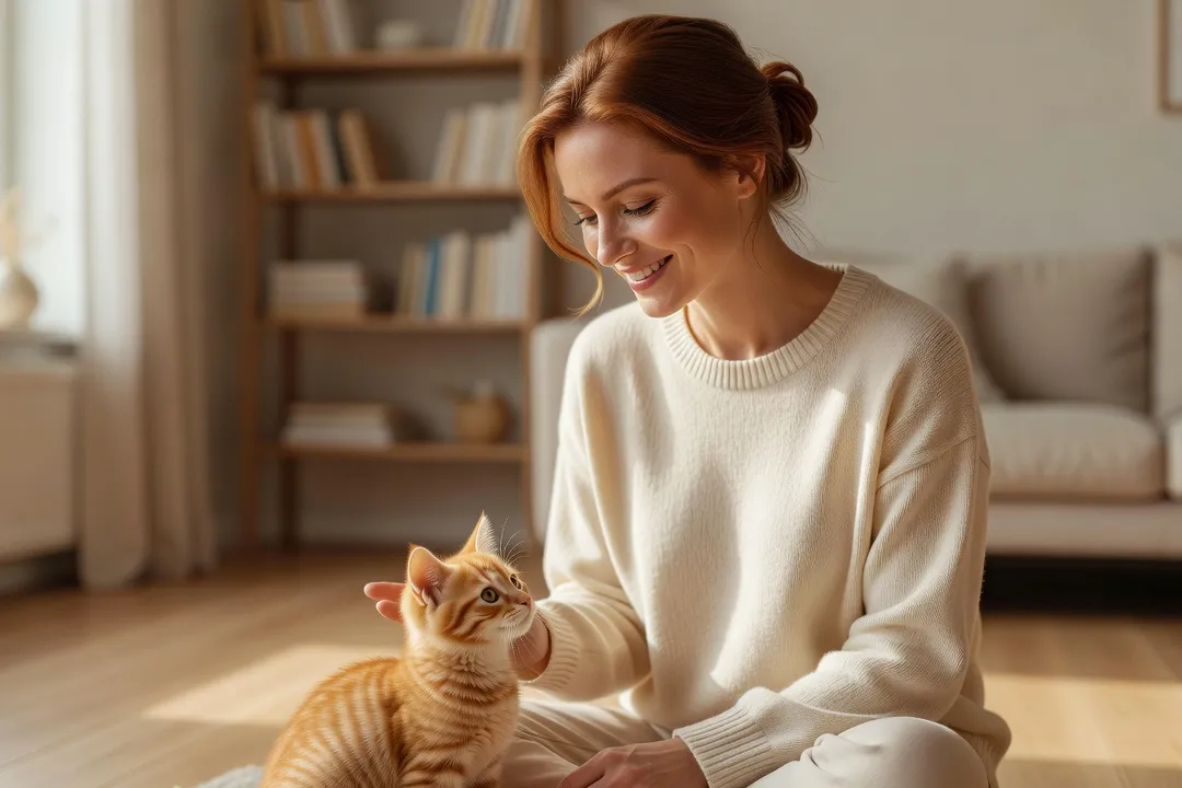 Une jeune femme assise dans un salon lumineux tend la main vers un chaton roux attentif qui lève la tête vers elle