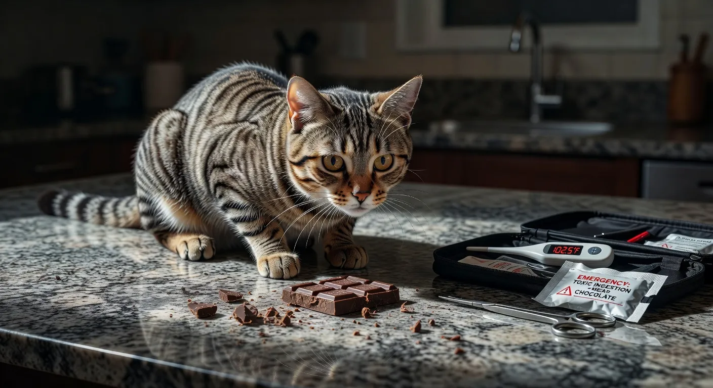 Un chat curieux renifle un morceau de chocolat posé sur une table, scène de prévention