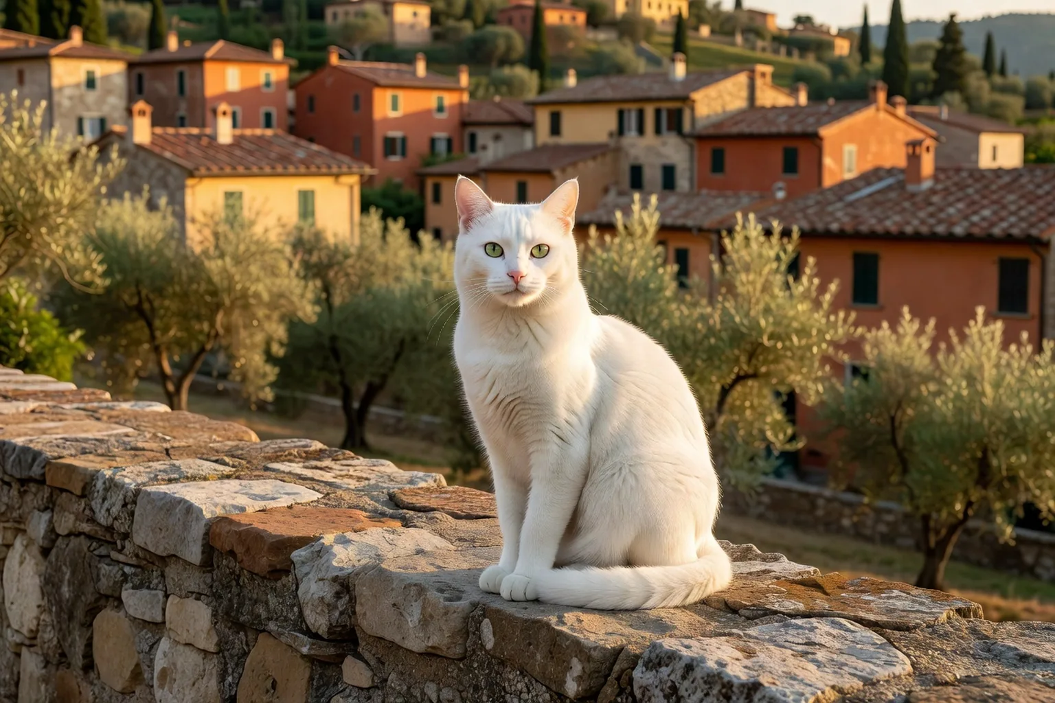 Élégant chat italien blanc aux yeux verts assis sur un mur de pierre d'un village toscan, oliviers et toits de terre cuite en arrière-plan