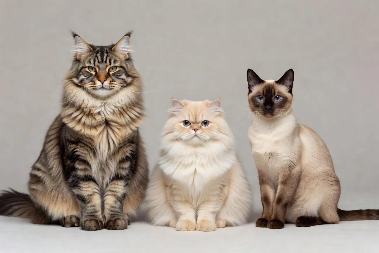 Trois races de chats côte à côte : un Maine Coon majestueux, un Siamois aux yeux bleus et un Persan blanc