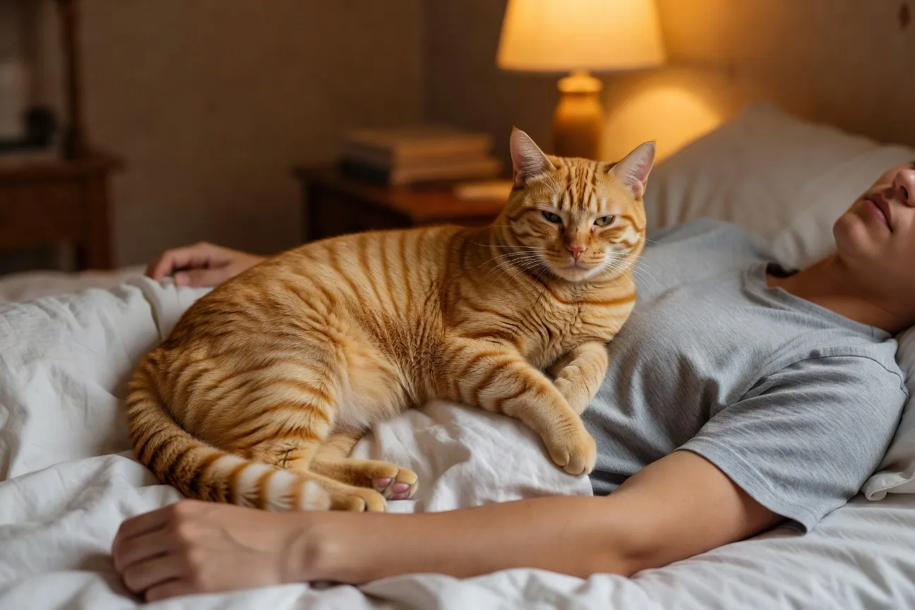 Chat roux ronronnant sur la poitrine d'une personne allongée, scène intime et apaisante illustrant la ronronthérapie