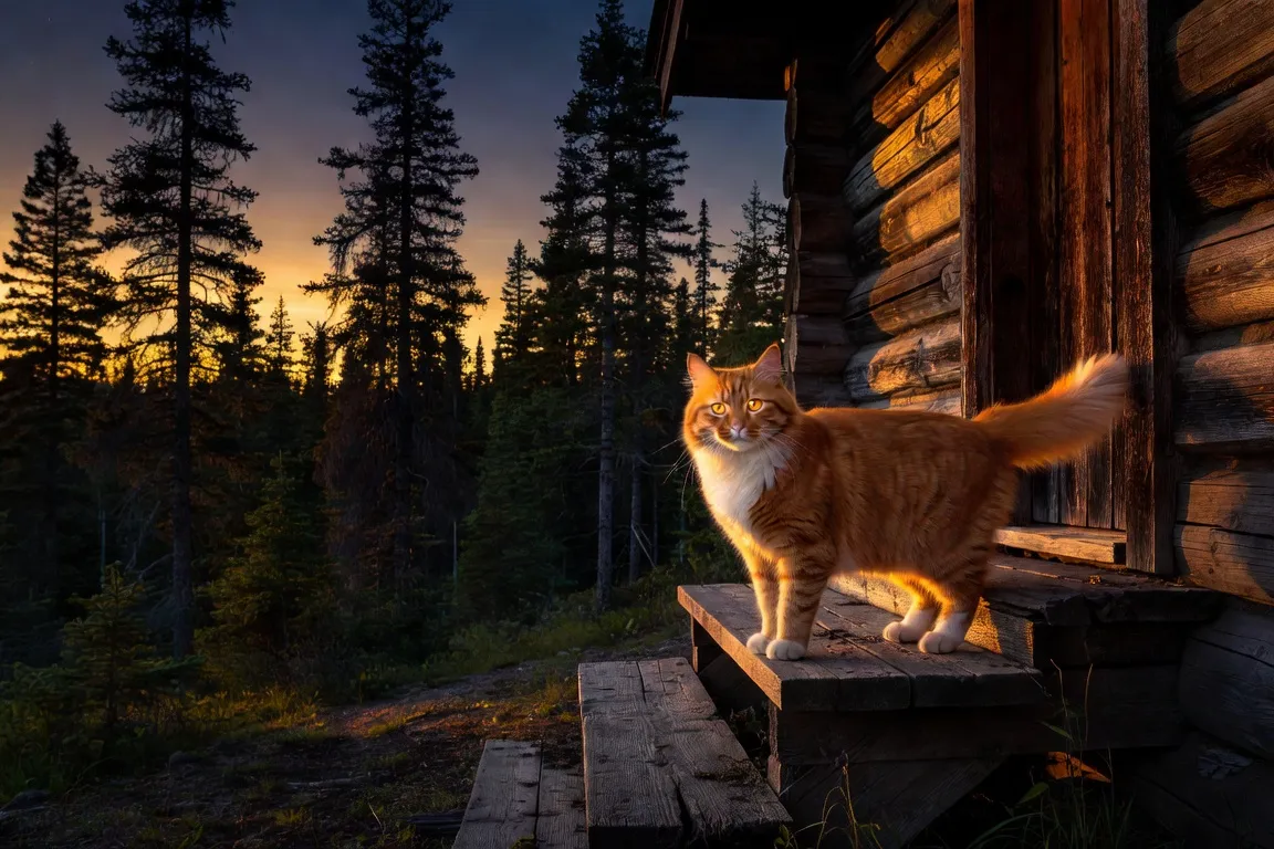 Chat roux et blanc en posture fière sur les marches d'un chalet en bois au crépuscule, fixant la lisière d'une forêt de sapins des Laurentides