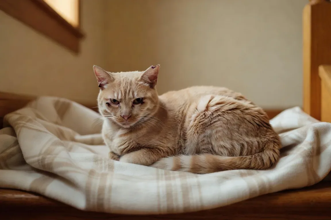 Chat roux et blanc au pelage marqué de quelques traces de sang séché, couché en boule sur un plaid clair en hauteur d'une maison, l'oreille gauche montrant une entaille fraîche