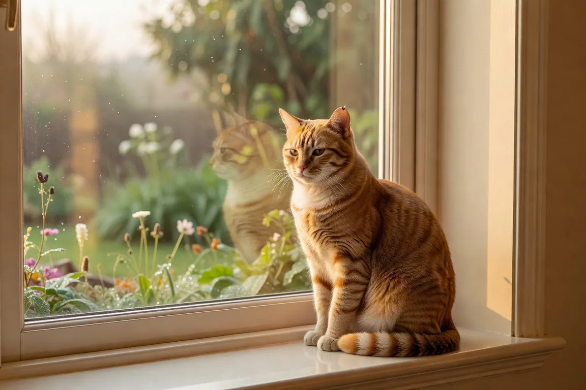Chat roux et blanc assis derrière une baie vitrée à la lumière dorée du matin, regardant calmement vers l'extérieur, oreille gauche montrant une entaille cicatrisante, attitude paisible et alerte