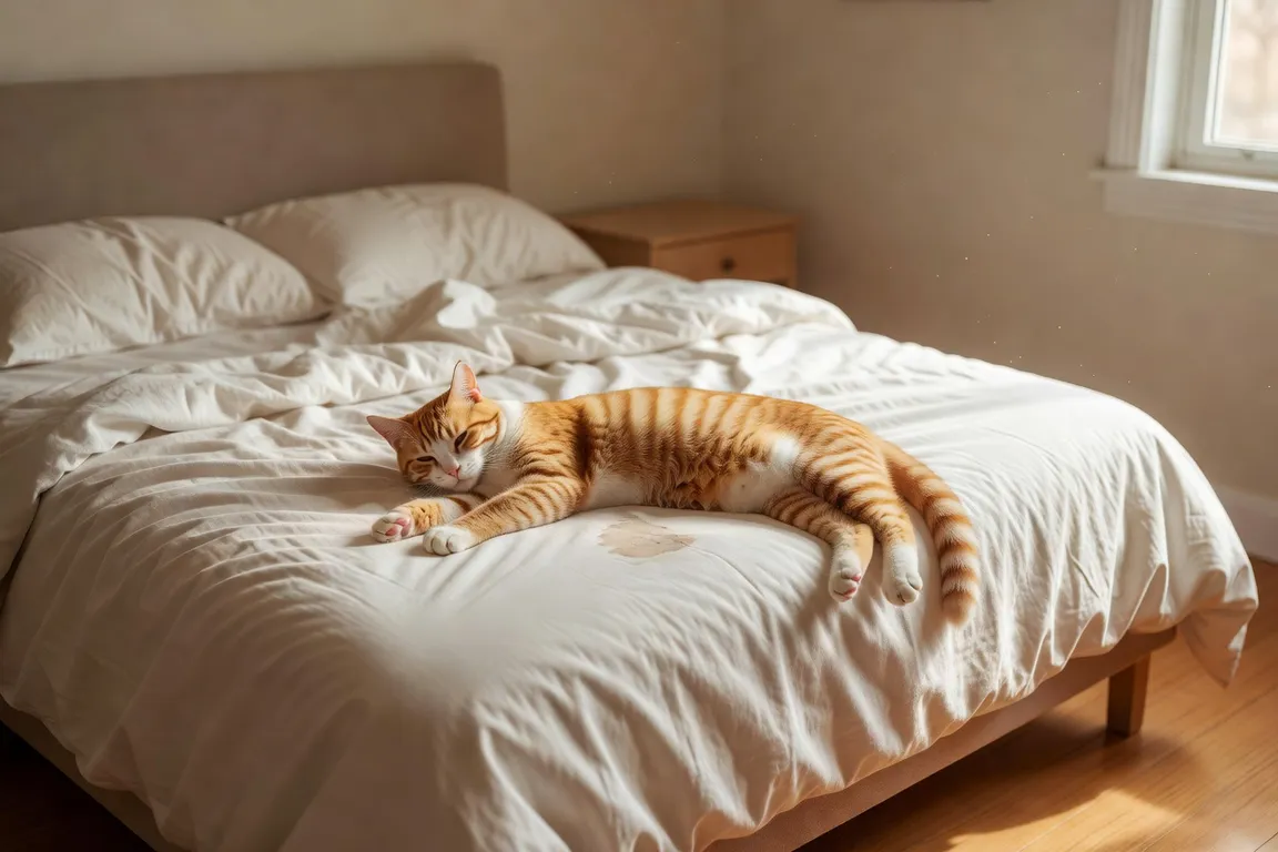Chat roux et blanc couché tranquillement au milieu d'un lit défait dans une chambre à la lumière douce du matin, draps blancs froissés, ambiance domestique paisible mais avec un sous-texte préoccupant