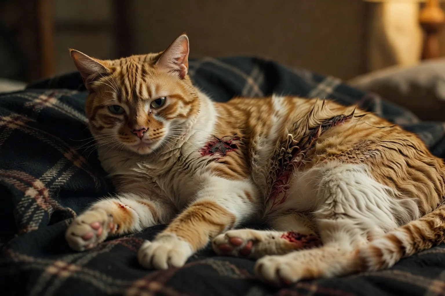 Chat roux et blanc allongé sur un plaid sombre après un combat, posture basse et épuisée, patte avant étendue, lumière douce d'intérieur