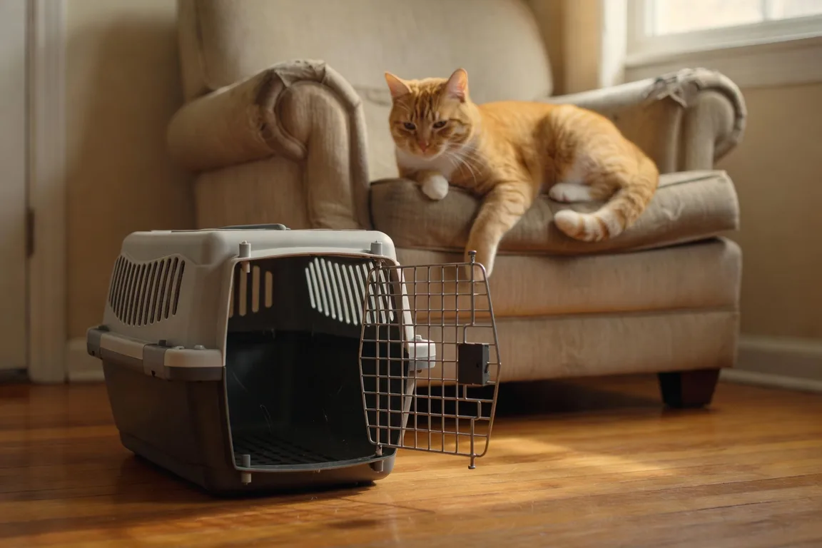 Cage de transport pour chat ouverte et vide posée sur le sol d'une entrée en bois clair, en arrière-plan flou un chat roux et blanc allongé sur un fauteuil regardant la cage avec méfiance