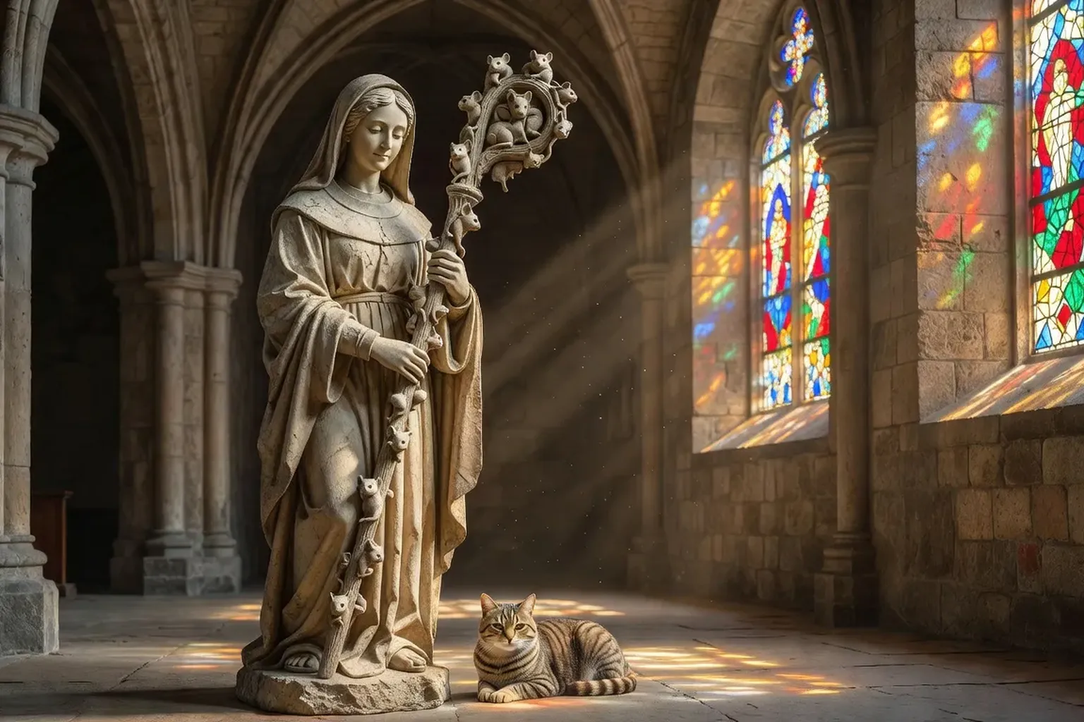 Statue médiévale de sainte Gertrude de Nivelles avec un chat tigré à ses pieds dans une chapelle en pierre baignée de lumière dorée