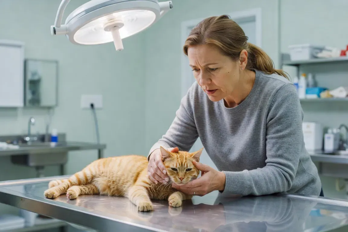 Chat allongé montrant des signes de maladie, regard inquiet