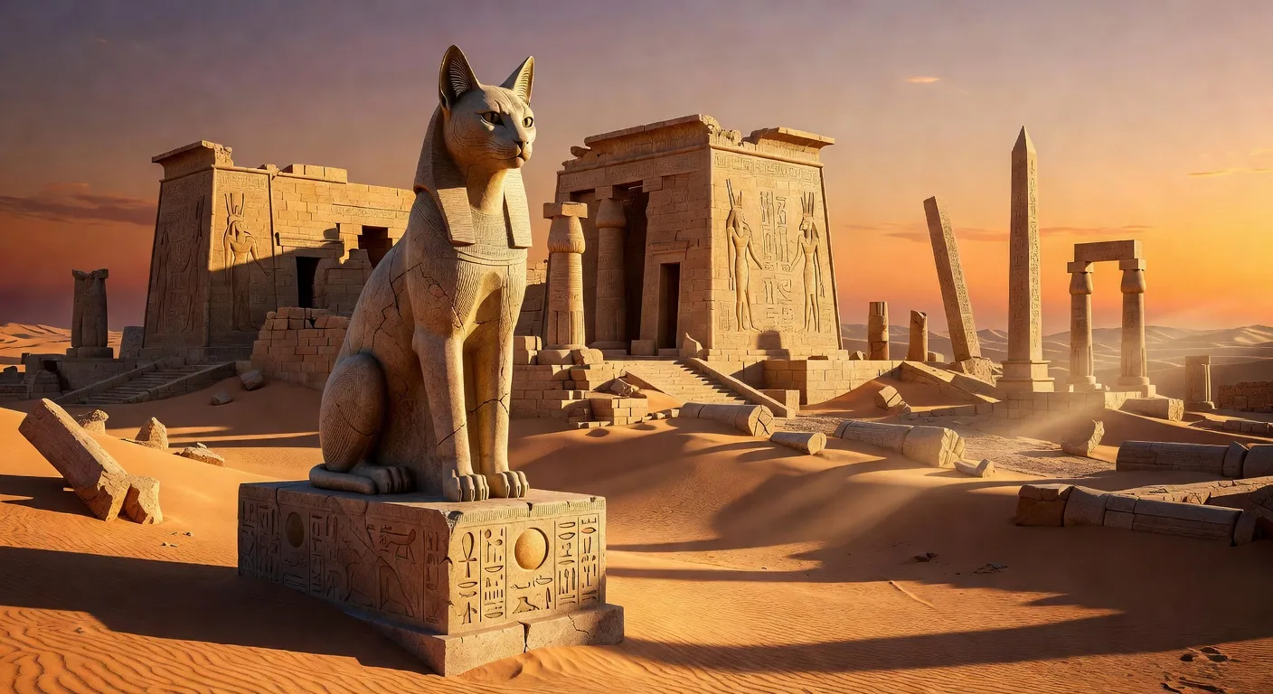 Statue de chat égyptien dorée devant un temple antique au coucher du soleil
