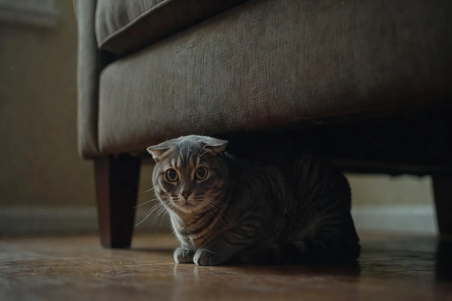 Un chat recroquevillé sous un meuble, oreilles aplaties, regard méfiant — signe classique de stress félin