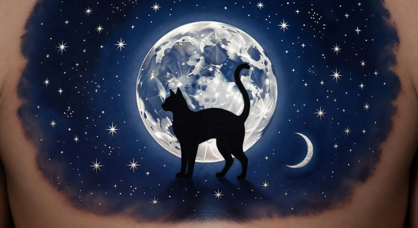 Illustration artistique d'un chat noir assis sur un croissant de lune étoilé