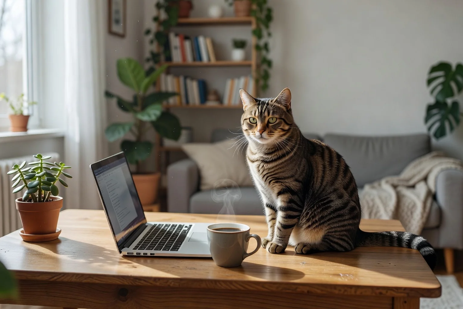 Un chat tigré posé paisiblement sur un bureau à côté d'un ordinateur portable, dans un salon lumineux aménagé pour le télétravail