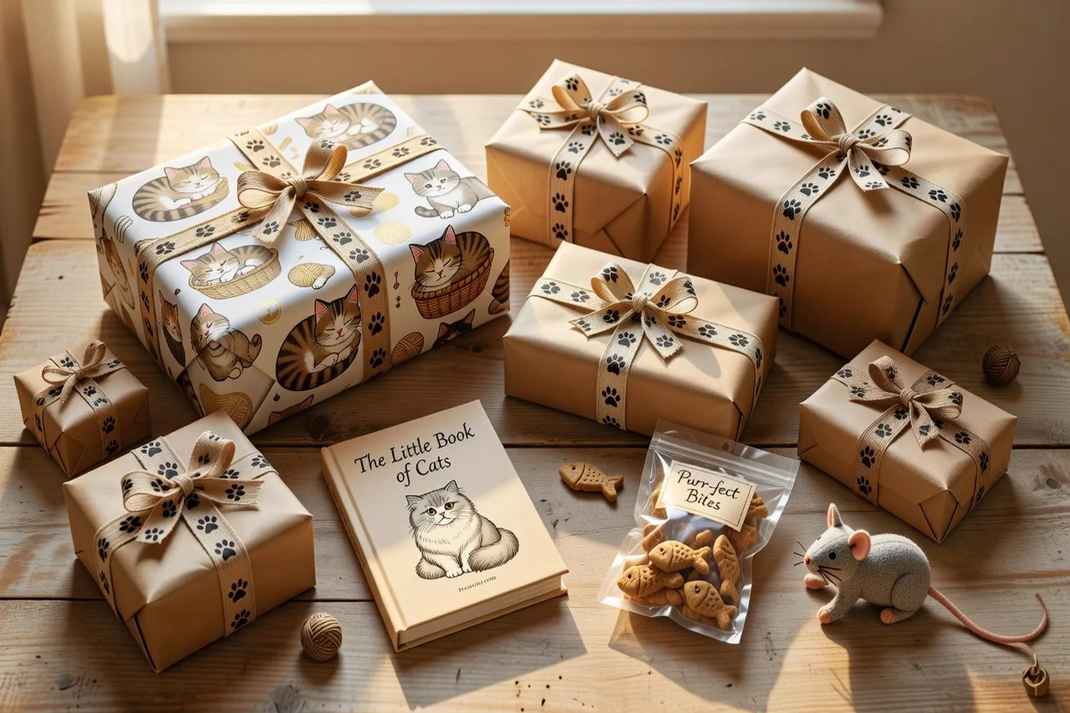 Une table festive avec plusieurs cadeaux emballés à thème chats, rubans et papier kraft avec empreintes de pattes