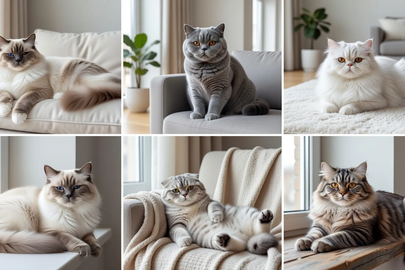 Mosaïque de chats de races calmes dans un appartement moderne : Ragdoll, British Shorthair, Persan