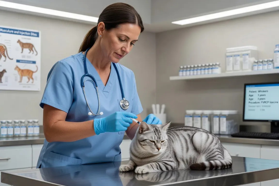 Vétérinaire préparant une seringue pour vacciner un chat, table d'examen
