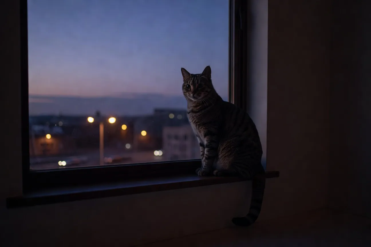 Chat mâle tigré adulte assis à la fenêtre la nuit, regard vers l'extérieur, lumières de la rue visibles
