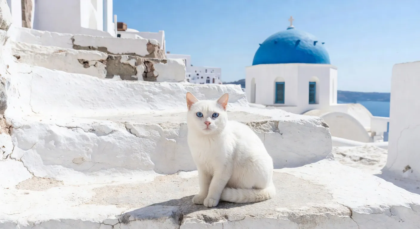 Un chat blanc et roux se prélassant devant une maison blanche et bleue typique des Cyclades en Grèce