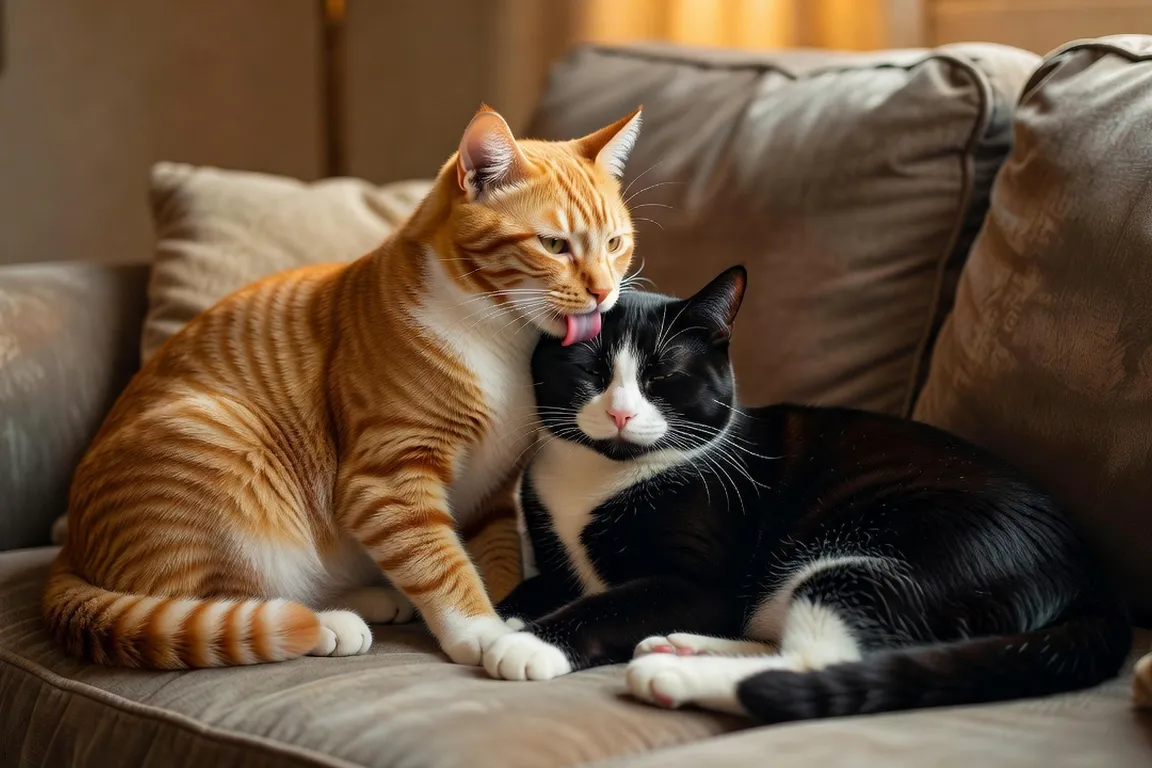 Rubix, chat roux et blanc, toilette le visage de Luna, chatte noire et blanche, sur un canapé, signe de confiance mutuelle