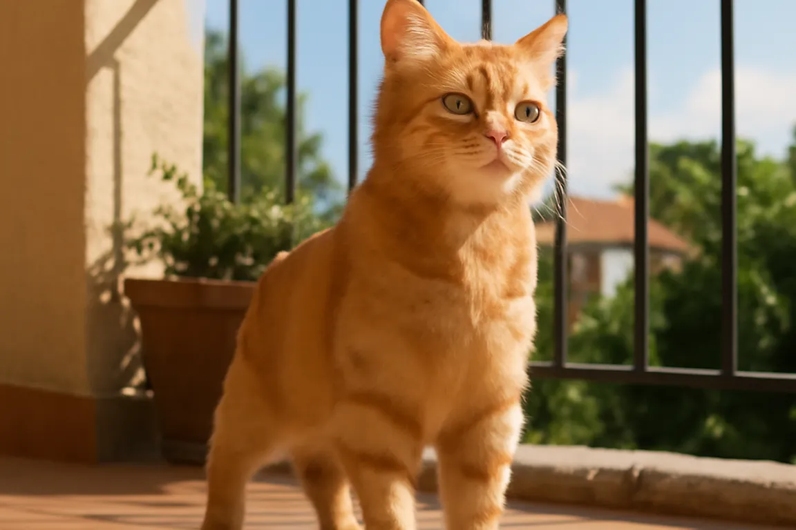 Rubix, jeune chat roux confiant, posté sur la terrasse en position d’observation territoriale